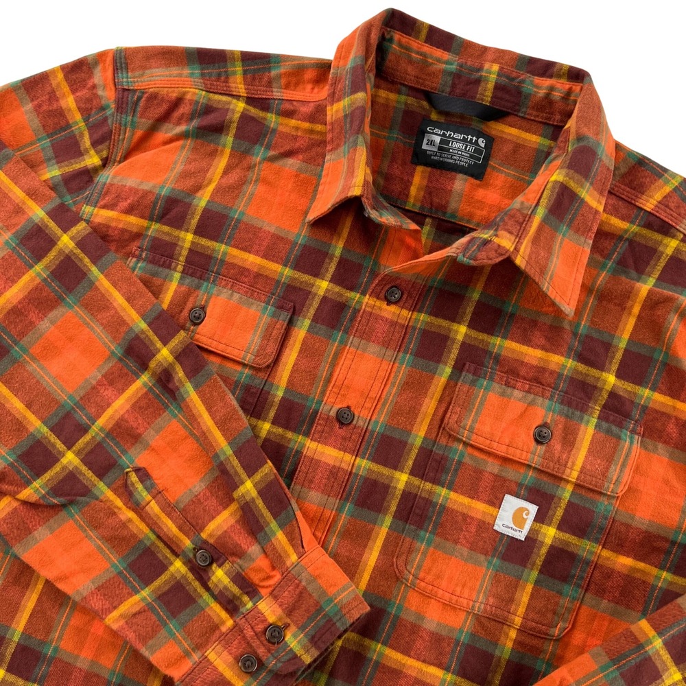 Carhartt Loose Fit Heavyweight Flannel Long Sleeve Plaid Shirt Men 2XL‎ Orange
